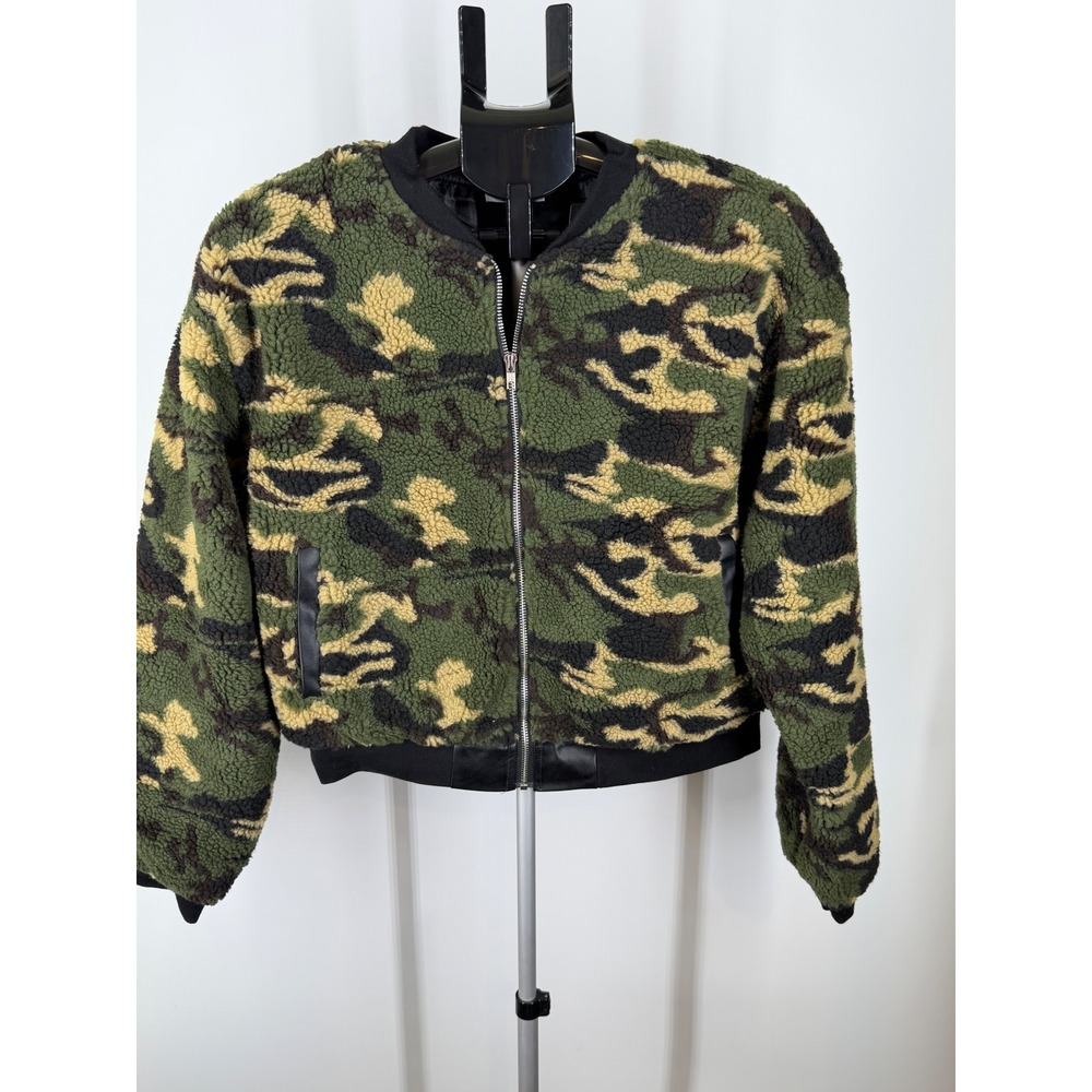 Better Be Camo Sherpa Fleece Cropped Bomber Jacket Green Large